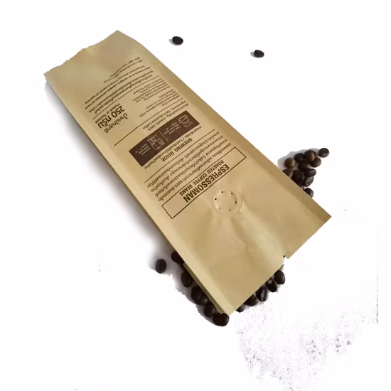 Bolsas personalizadas con refuerzo de sellado de 4 lados, papel Kraft biodegradable, Material de papel de aluminio, válvula para embalaje de café.